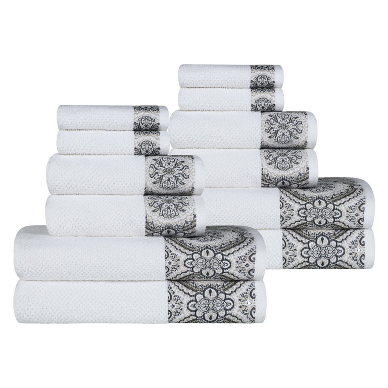 Superior Medallion Turkish Cotton 12-Piece Bathroom Towel Set, White/ Stone