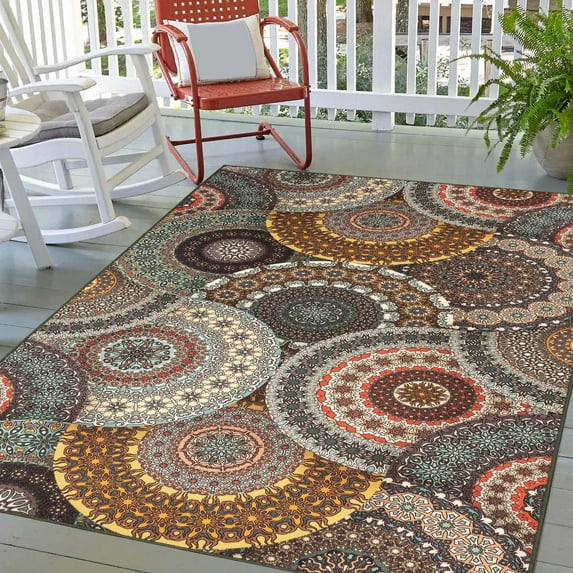 Superior Medallion 5' x 8' Non-Slip Indoor Outdoor Area Rug, Rugs For Living Room Patio Porch, Black