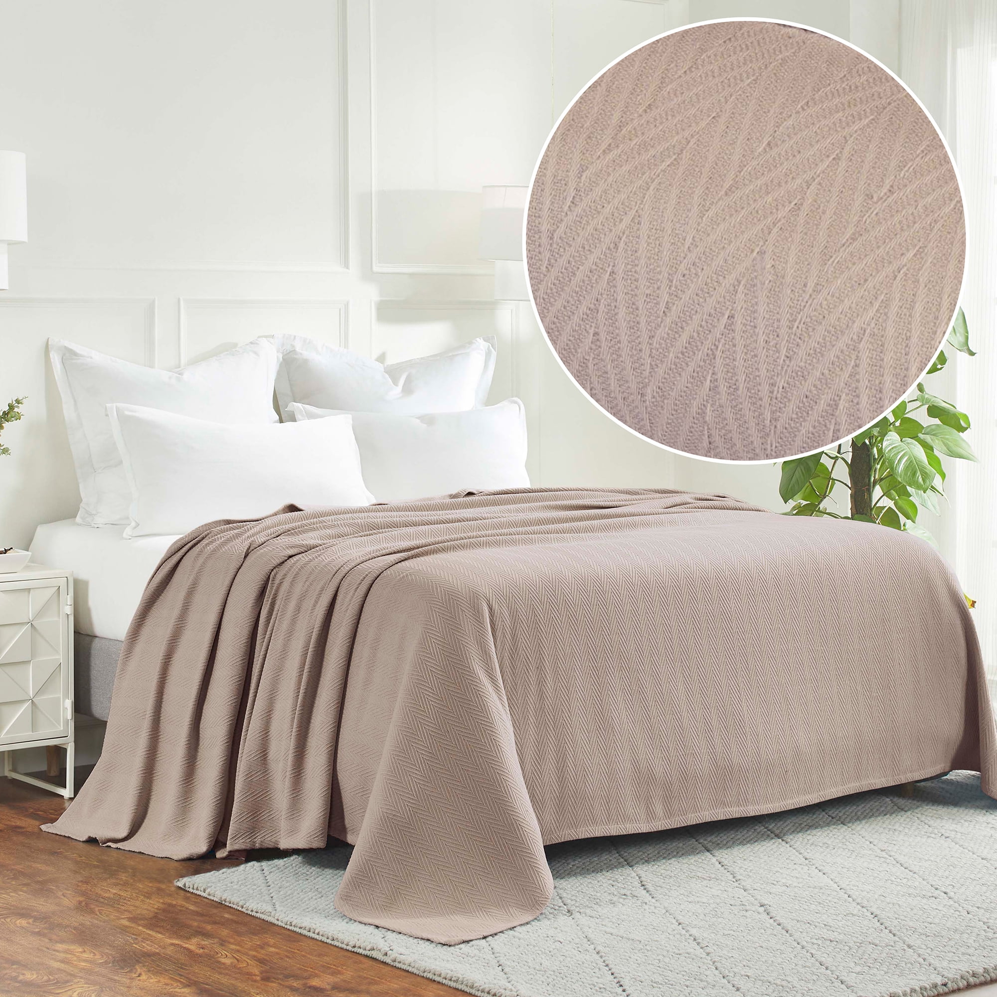 Khaki Twin Cotton Chevron Zig-Zag Blanket