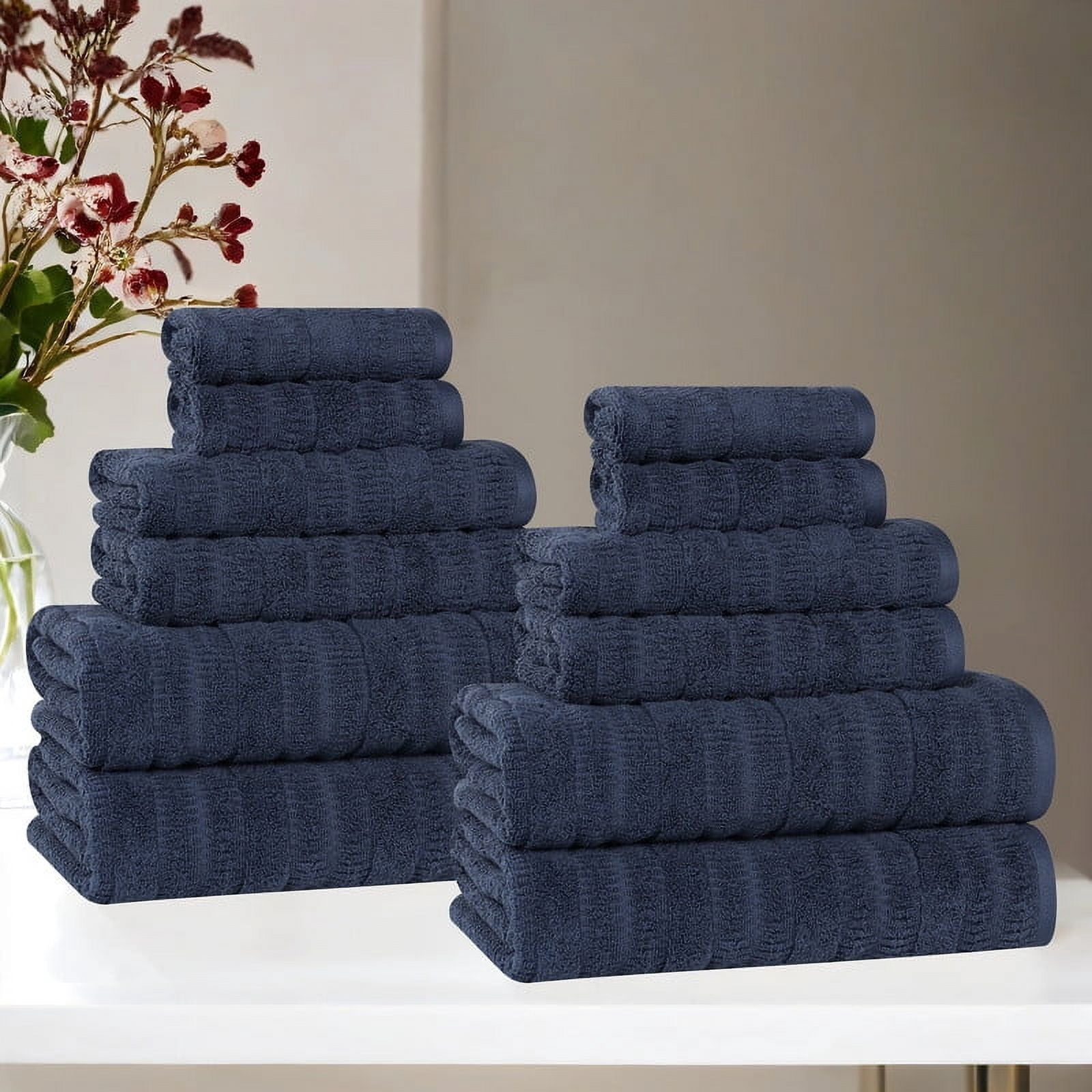 Superior Mika Smart Twist Cotton Medium Weight 12 Piece Towel Set, Quick Dry Towels, Navy Blue