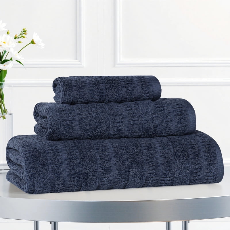 Superior Mika Smart Twist Cotton Medium Weight 3 Piece Towel Set, Quick Dry Towels, Navy Blue