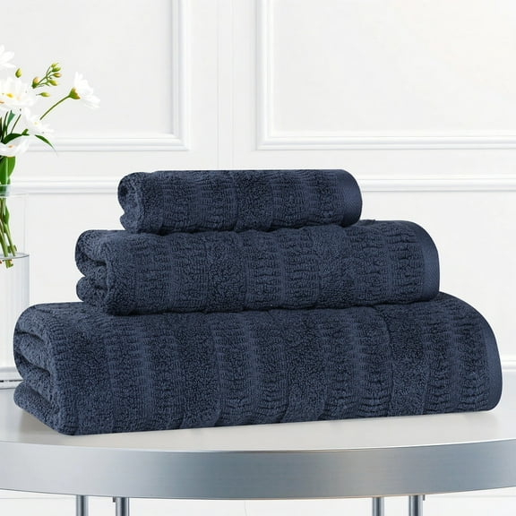 Superior Mika Smart Twist Cotton Medium Weight 3 Piece Towel Set, Quick Dry Towels, Navy Blue