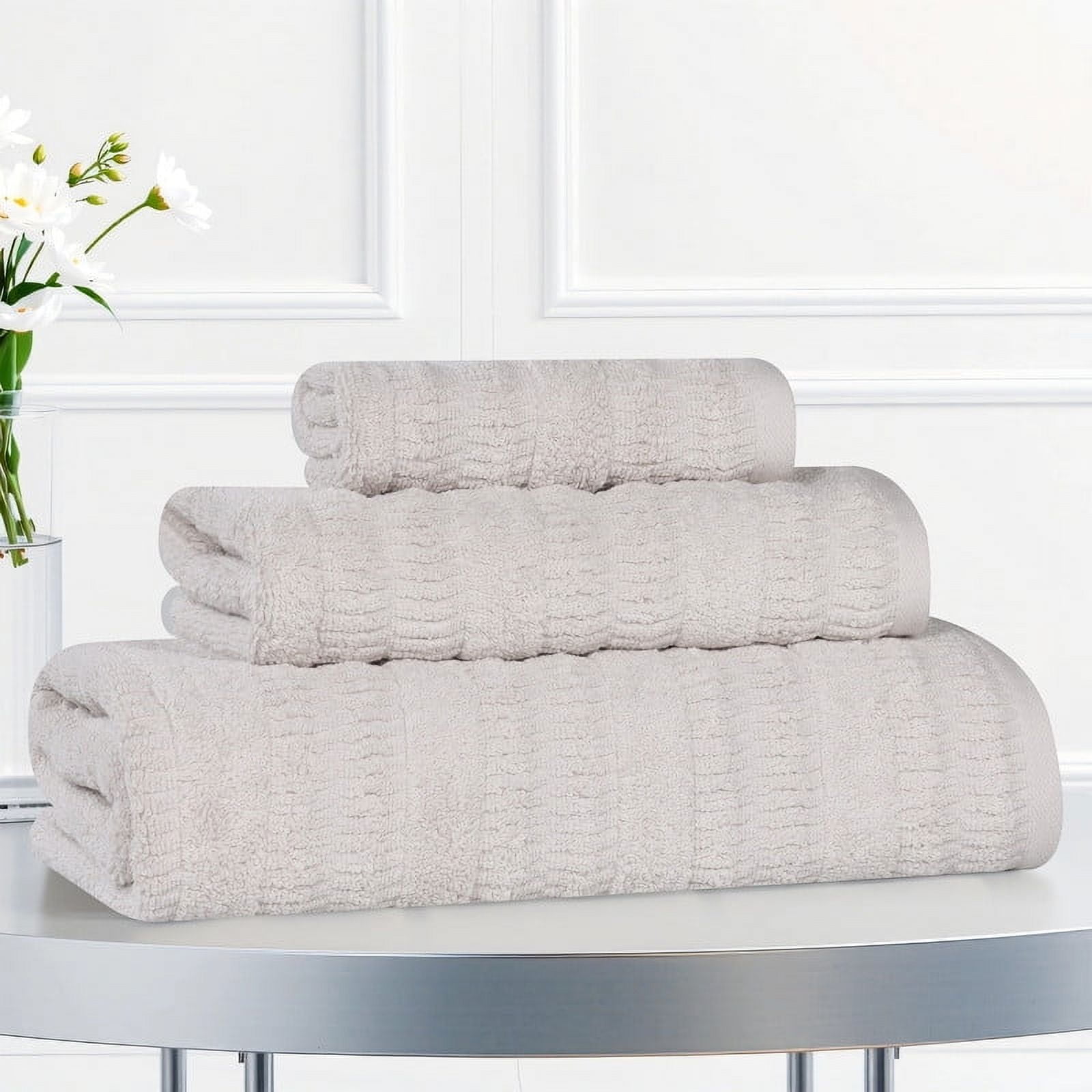 Superior Mika Smart Twist Cotton Medium Weight 3 Piece Towel Set, Quick Dry Towels, Silver