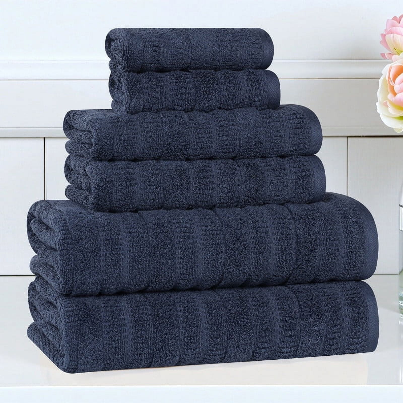Superior Mika Smart Twist Cotton Medium Weight 6 Piece Towel Set, Quick Dry Towels, Navy Blue