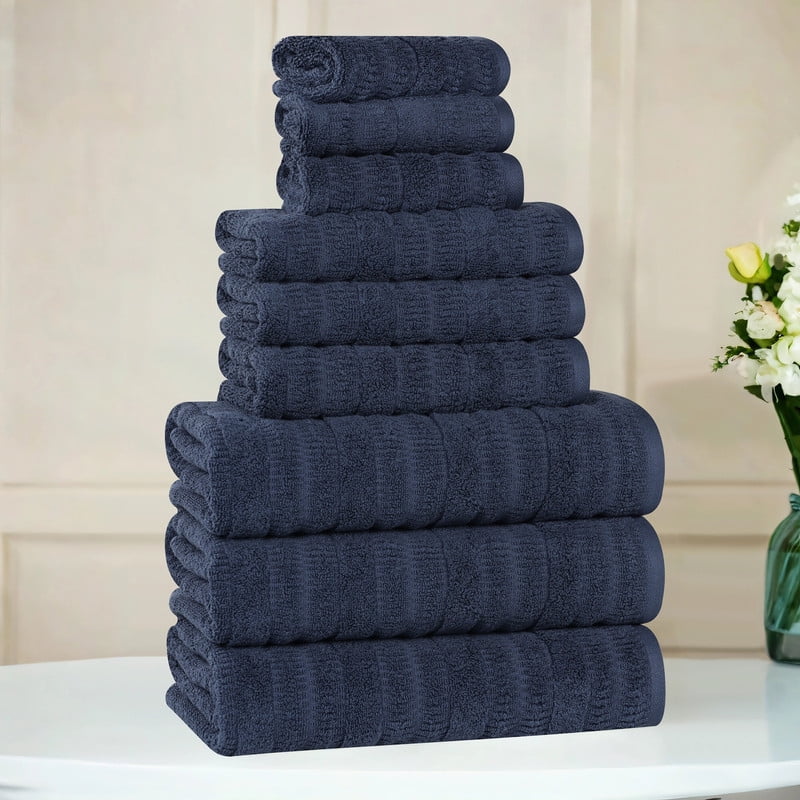 Superior Mika Smart Twist Cotton Medium Weight 9 Piece Towel Set, Navy Blue