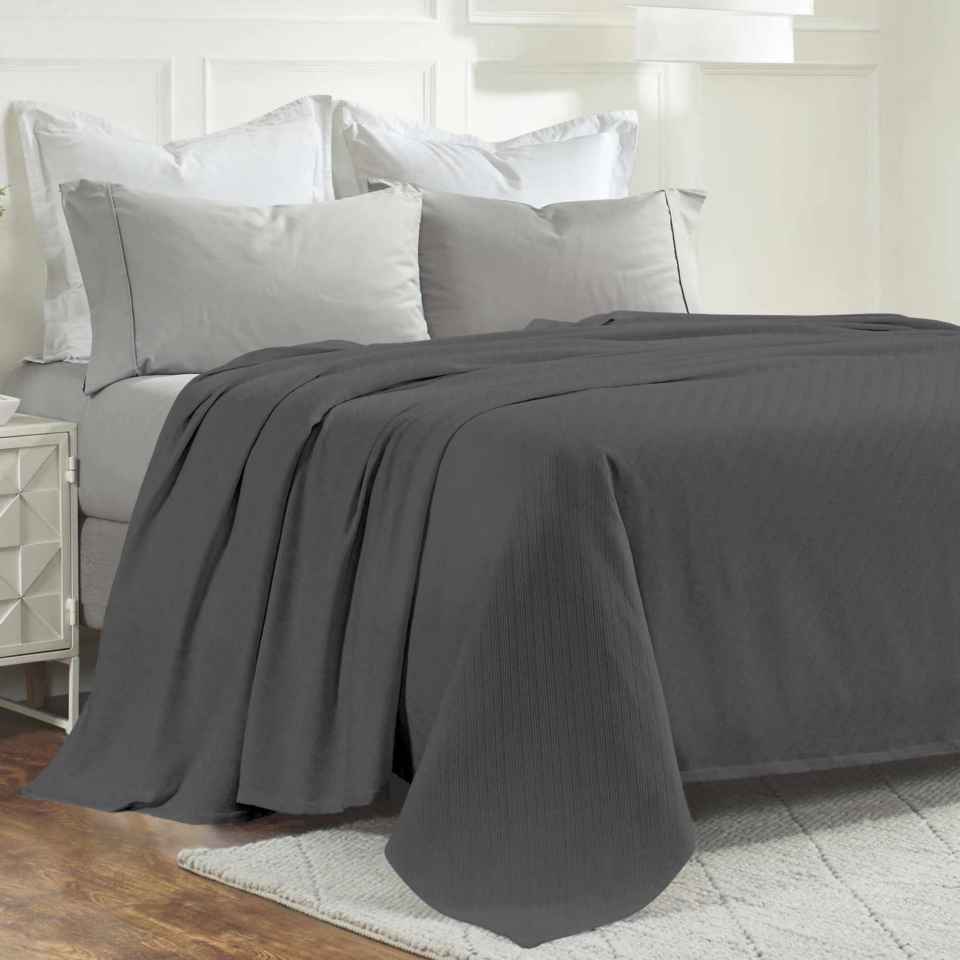 Superior Milan Cotton Textured Striped Woven Blanket, Full Queen, Charcoal