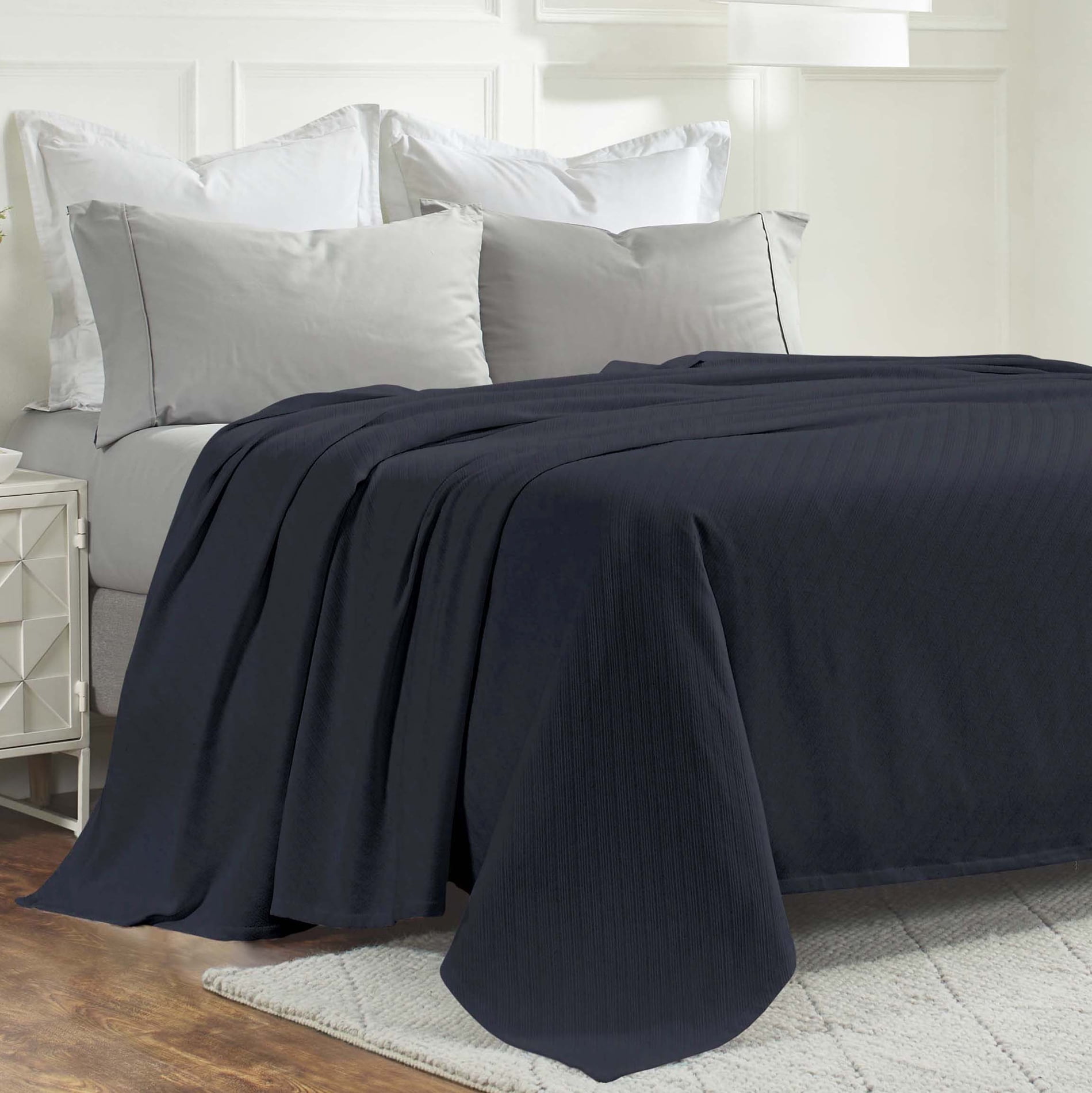 Superior Milan Cotton Textured Striped Woven Blanket, Full Queen, Navy Blue
