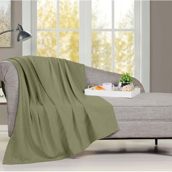 Superior Milan Cotton Textured Striped Woven Blanket, Non-Standard, Sage