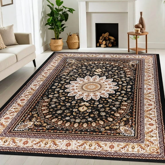 Superior Milan Floral Medallion Washable Indoor Area Rug, 12' x 18', Black - Ivory
