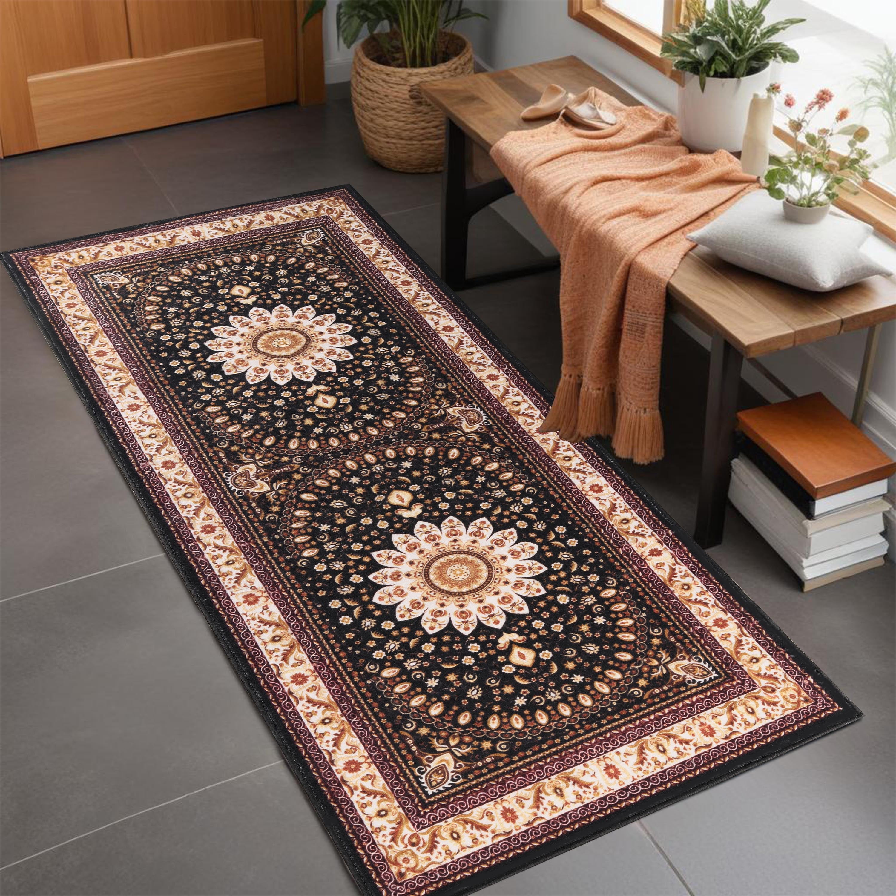 Superior Milan Floral Medallion Washable Indoor Runner Rug, 2' 7" x 6', Black - Ivory