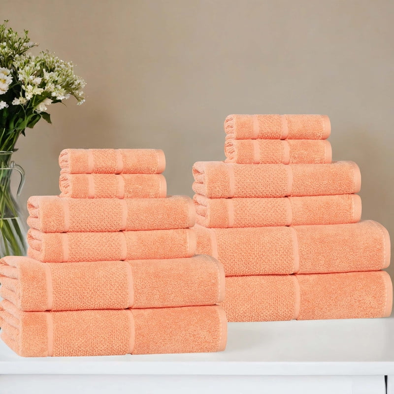 Superior Mile Smart Twist Cotton Medium Weight 12 Piece Towel Set, Ultra Absorbant Towels, Peach