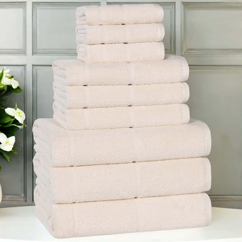 Superior Mile Smart Twist Cotton Medium Weight 9 Piece Towel Set, Ultra Absorbant Towels, Ivory