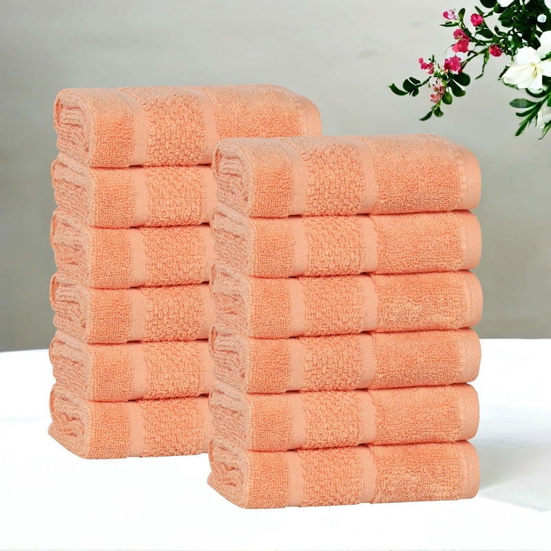 Superior Mile Smart Twist Cotton Medium Weight Face Towels Washcloths, Set of 12, Ultra Absorbant Towels, Peach