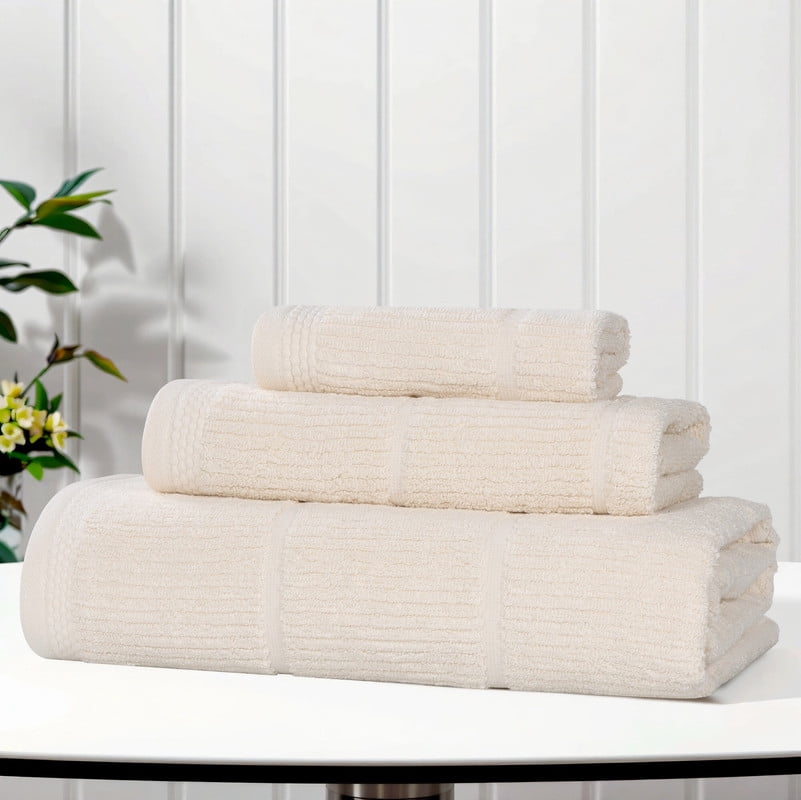 Superior Milo 3 Piece Smart Twist Cotton Towel Set, Medium Weight Ribbed Design Towels, Ivory