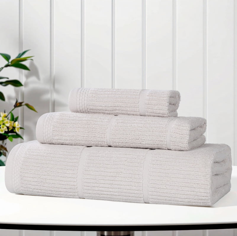Superior Milo 3 Piece Smart Twist Cotton Towel Set, Medium Weight Ribbed Design Towels, Silver