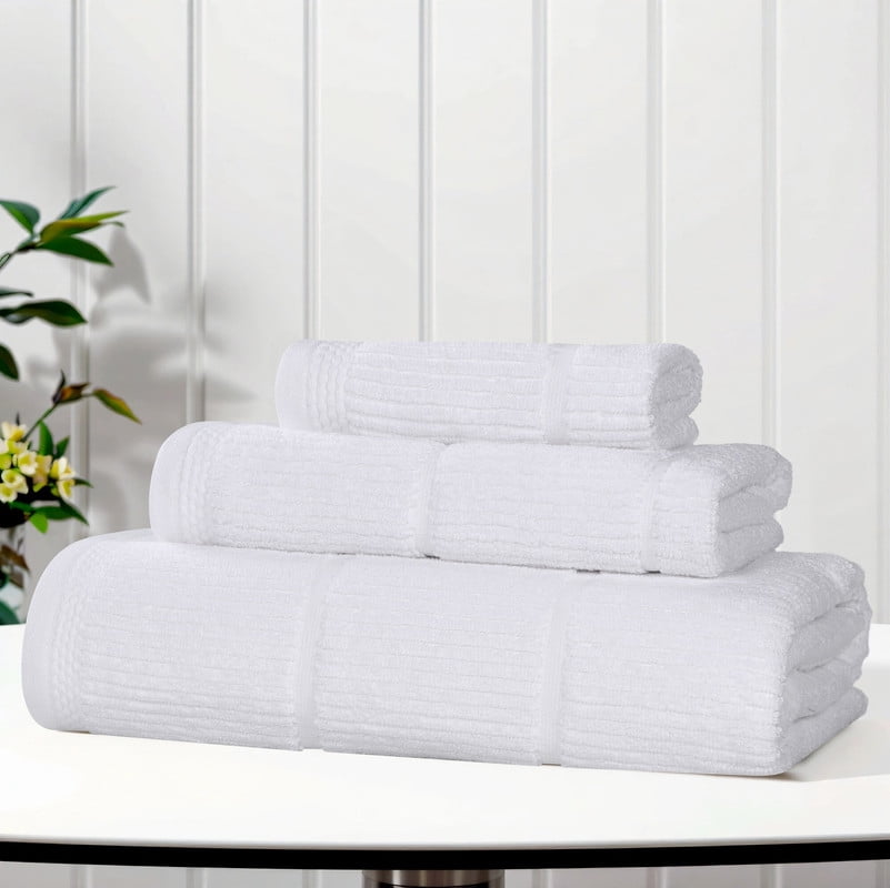Superior Milo 3 Piece Smart Twist Cotton Towel Set, Medium Weight Ribbed Design Towels, White