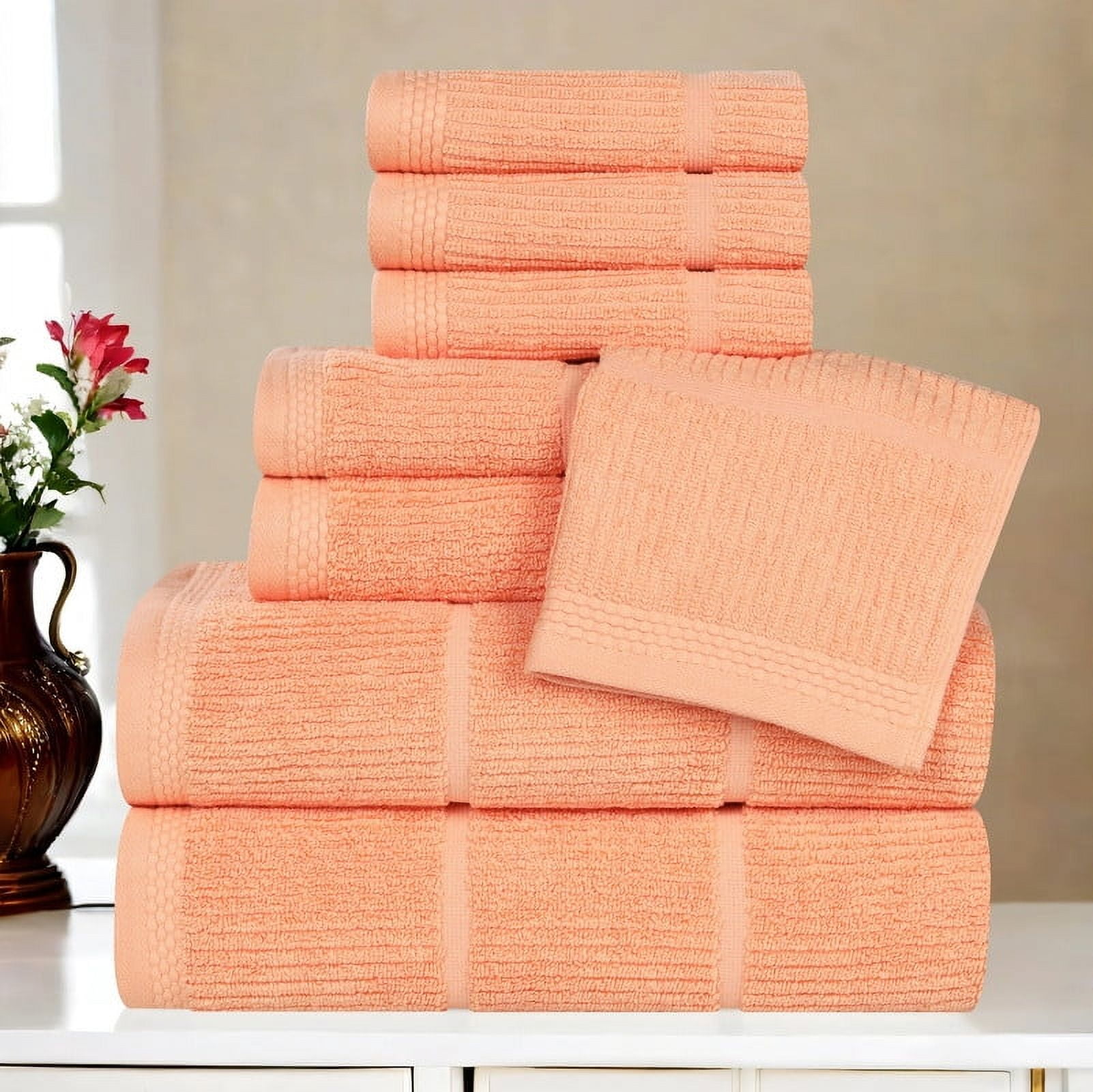 Superior Milo 8 Piece Smart Twist Cotton Towel Set, Medium Weight Ribbed Design Towels, Peach