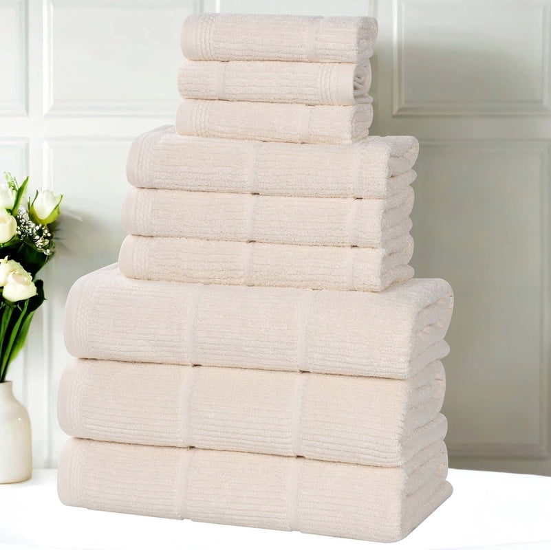 Superior Milo 9 Piece Smart Twist Cotton Towel Set, Medium Weight Ribbed Design Towels, Ivory