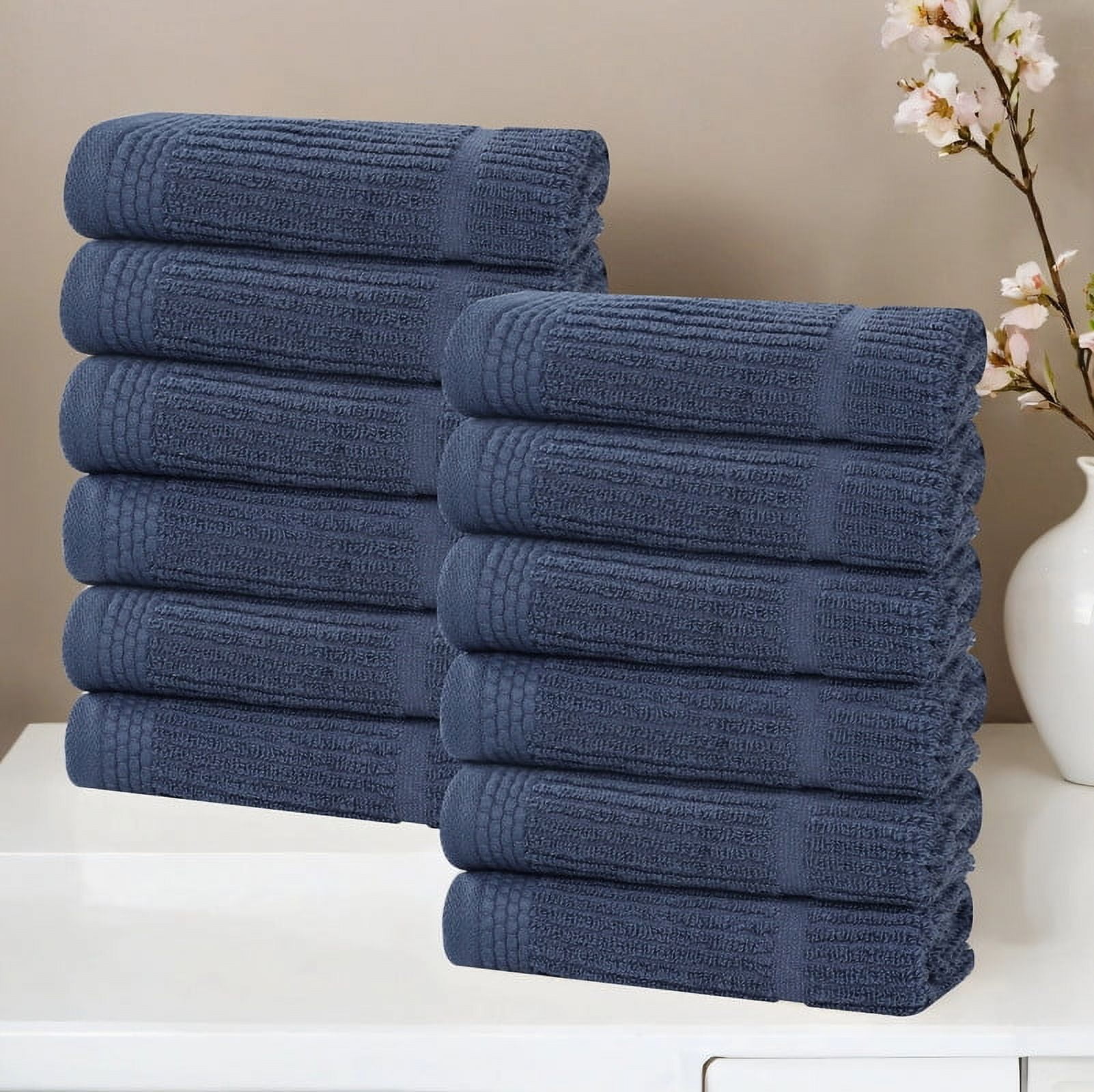 Superior Milo 12 Piece Smart Twist Cotton Washcloths, Medium Weight Ribbed Design Towels, Navy Blue