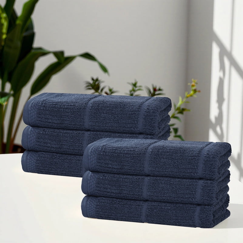 Superior Milo 6 Piece Smart Twist Cotton Hand Towels, Medium Weight Ribbed Design Towels, Navy Blue