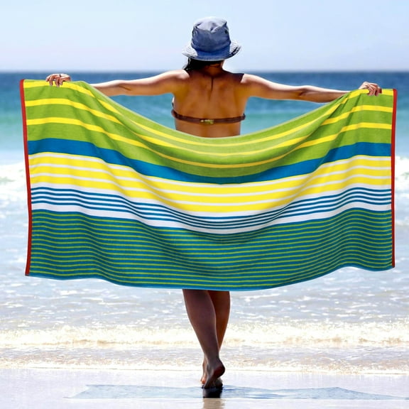 Superior Mira Striped Cotton Large Oversized Beach Towel, 34" x 68", Yellow/ Green