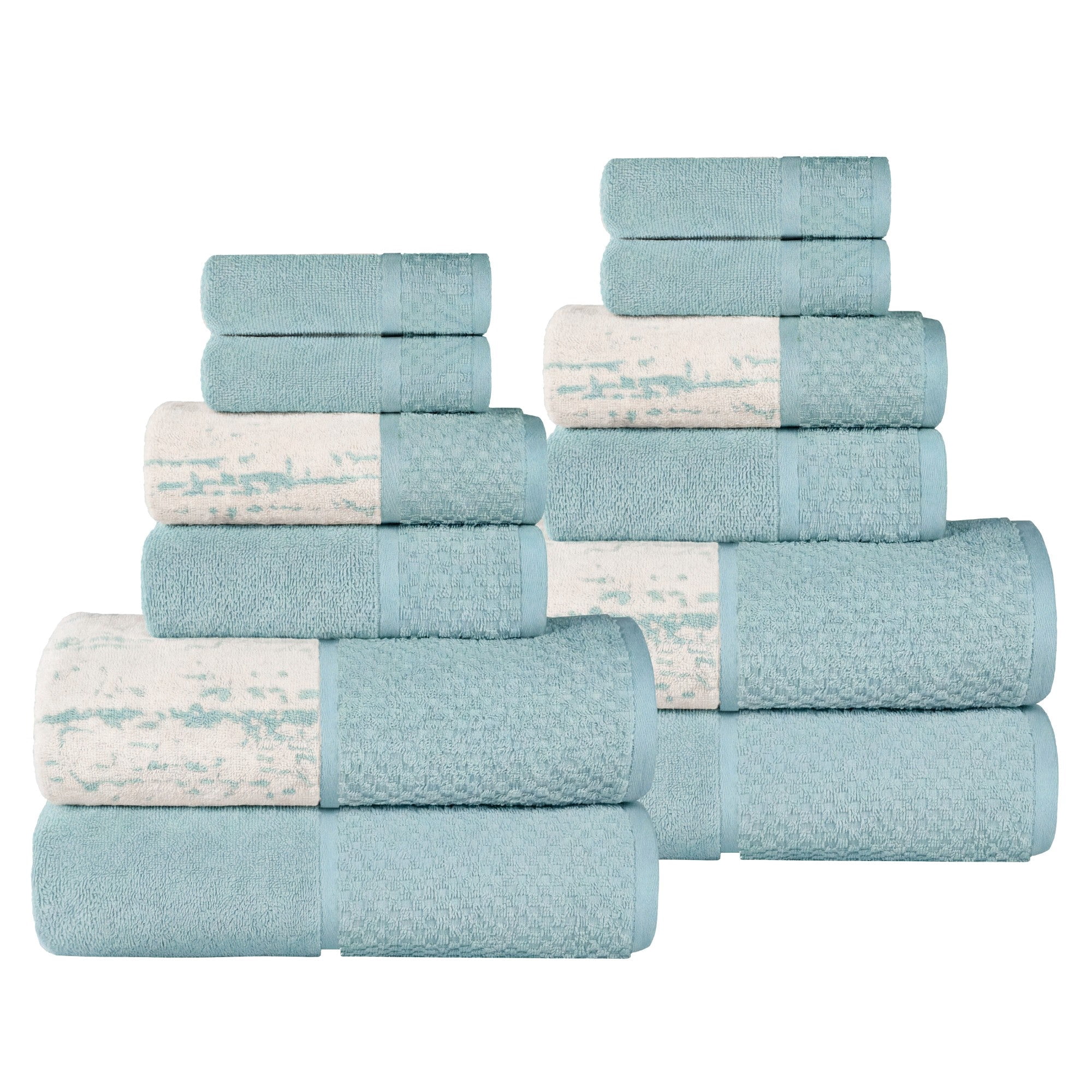 Superior Modern Cotton 12 Piece Bathroom Towel Set Mixed Pattern Solid, Cyan