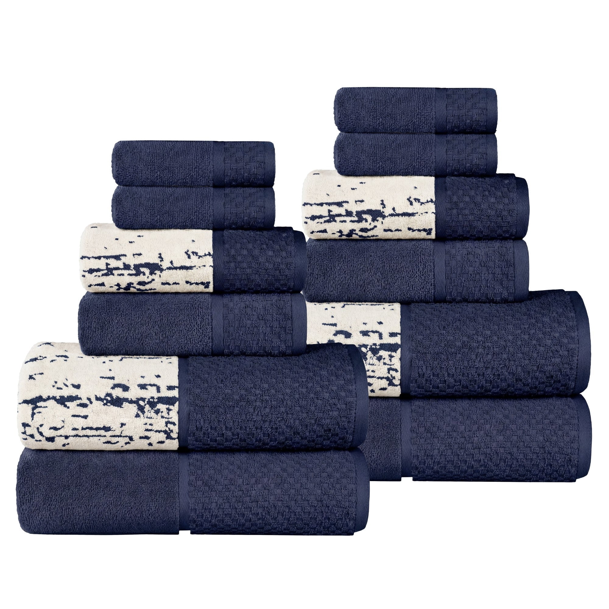 Superior Modern Cotton 12 Piece Bathroom Towel Set Mixed Pattern Solid, Navy Blue-Ivory
