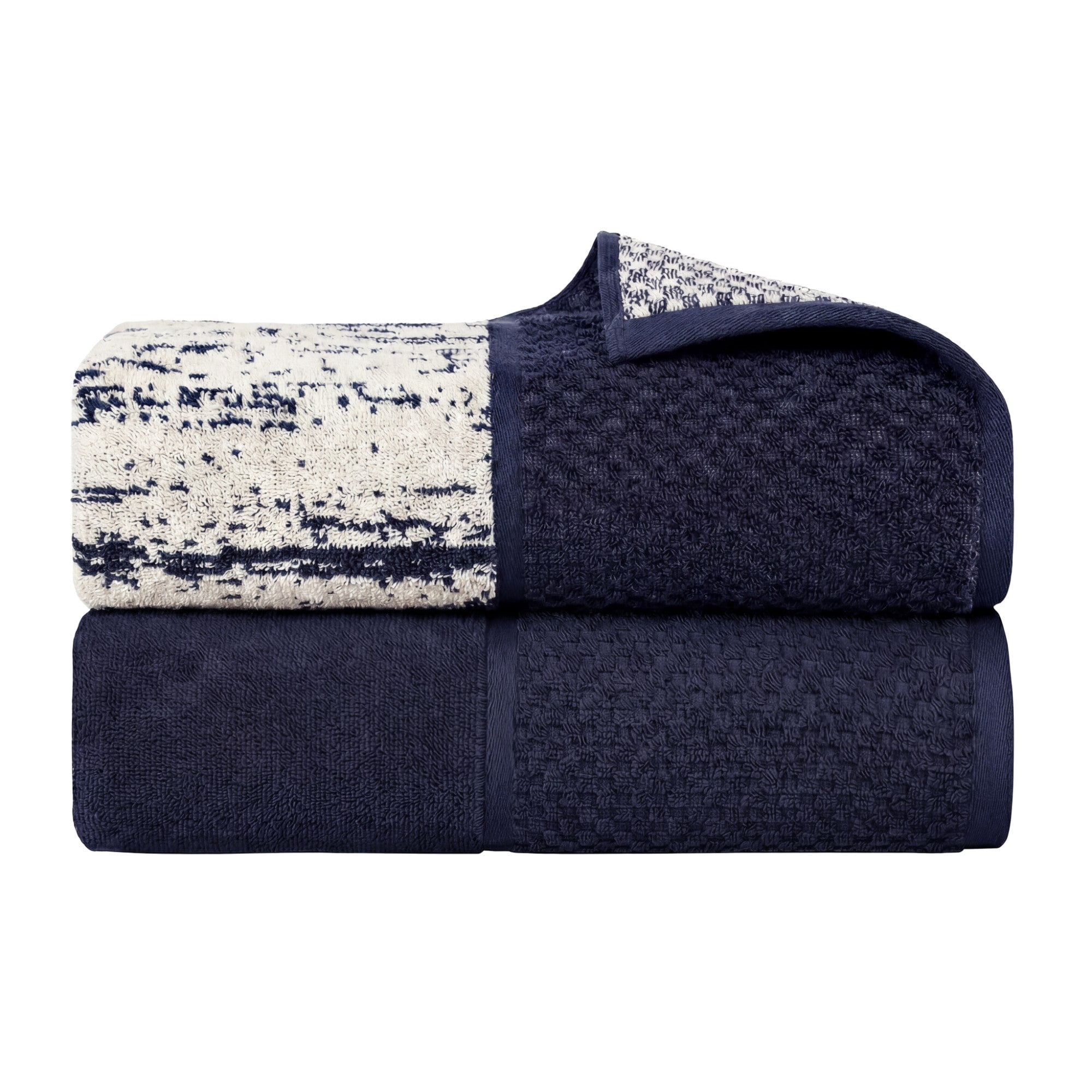 Superior Modern Cotton 2 Piece Oversized Bath Sheet Set Mixed Pattern, Navy Blue-Ivory