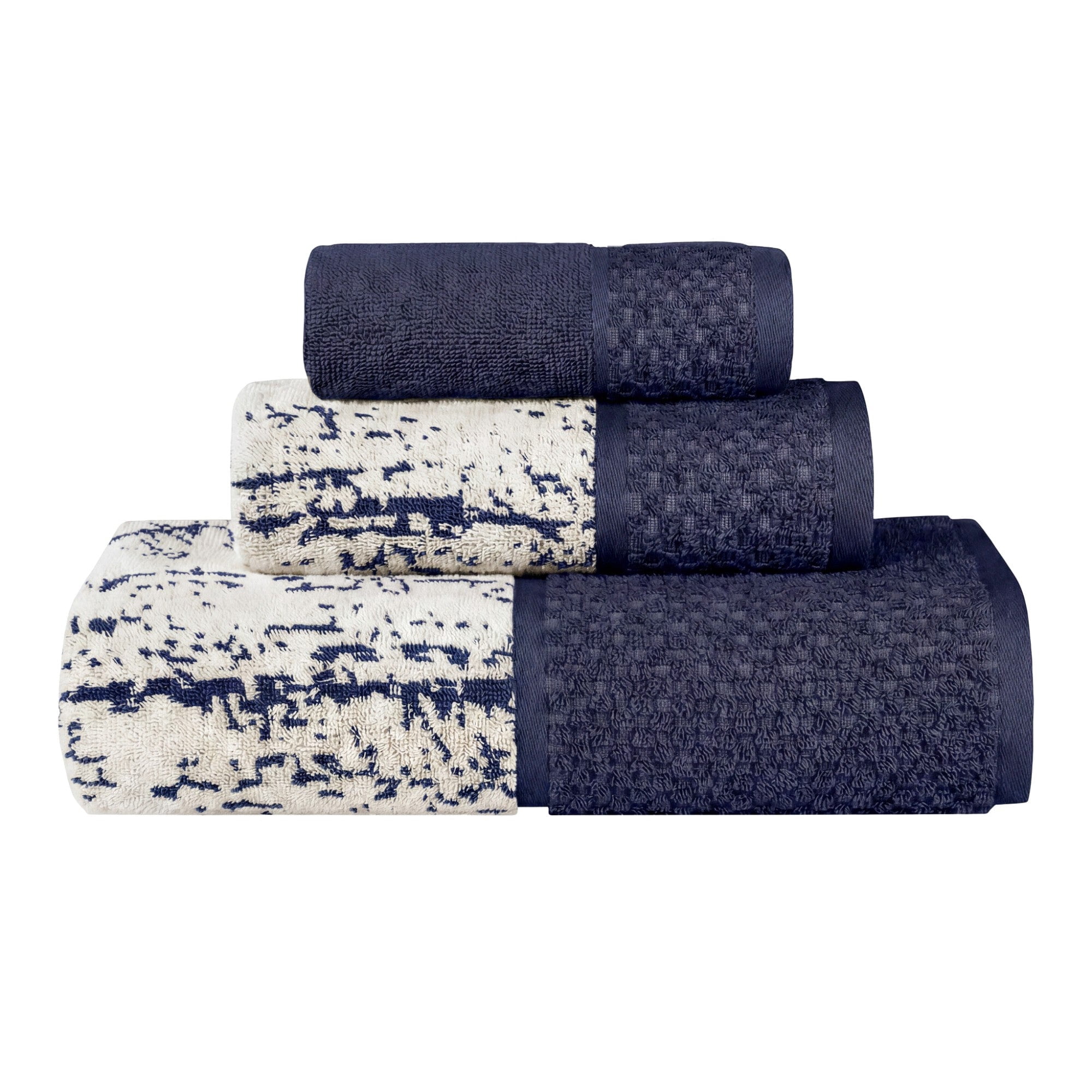 Superior Modern Cotton 3 Piece Bathroom Towel Set Mixed Pattern Solid, Navy Blue-Ivory