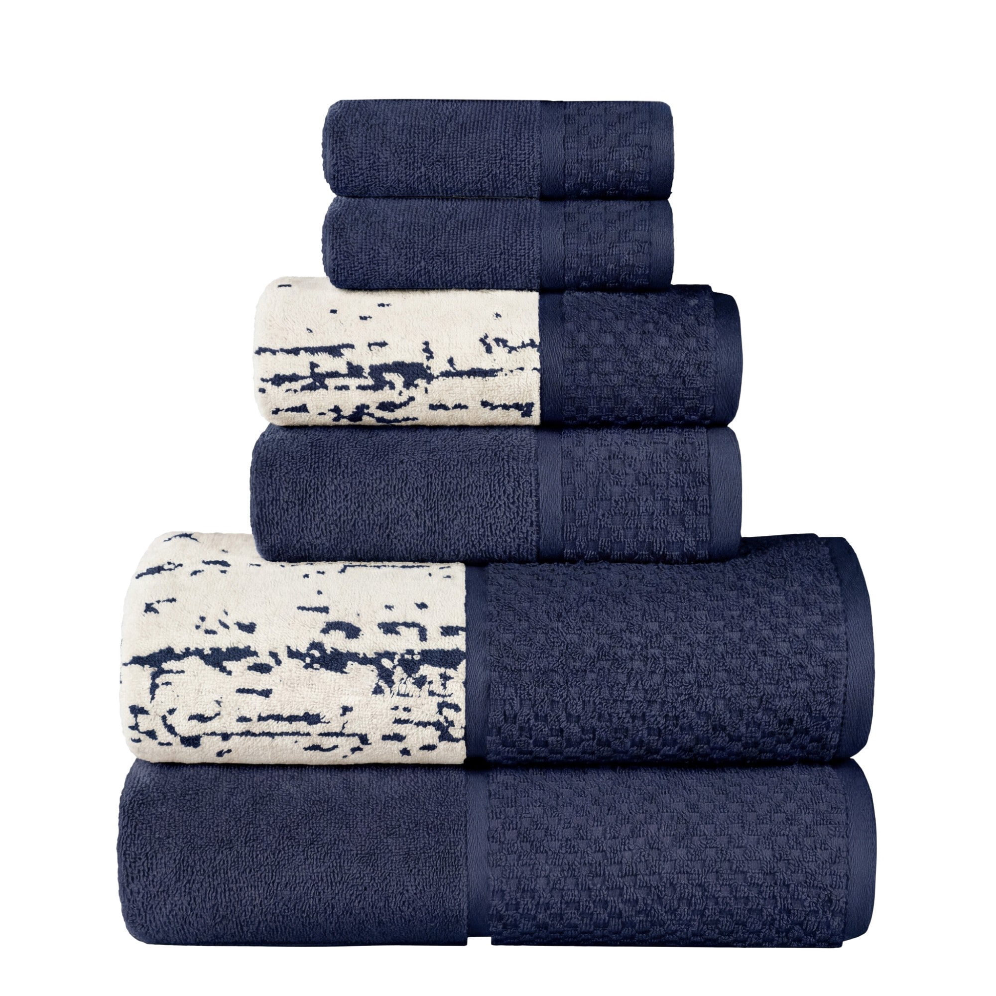 Superior Modern Cotton 6 Piece Bathroom Towel Set Mixed Pattern Solid, Navy Blue-Ivory