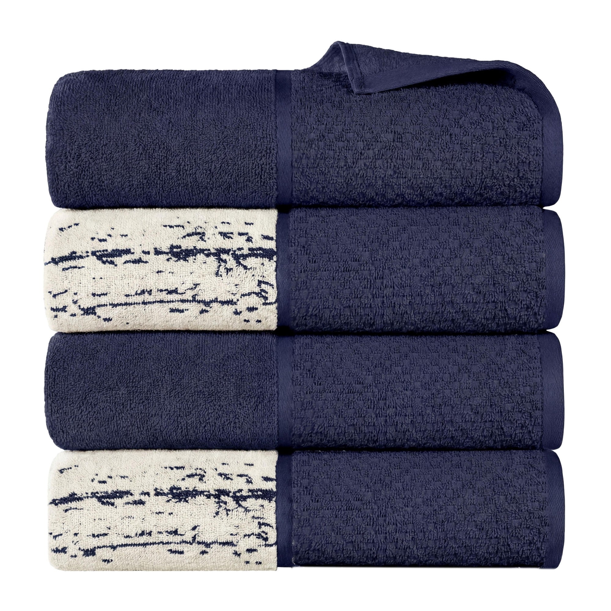 Superior Modern Cotton 6 Piece Hand Towel Set Bathroom Mixed Pattern, Navy Blue-Ivory