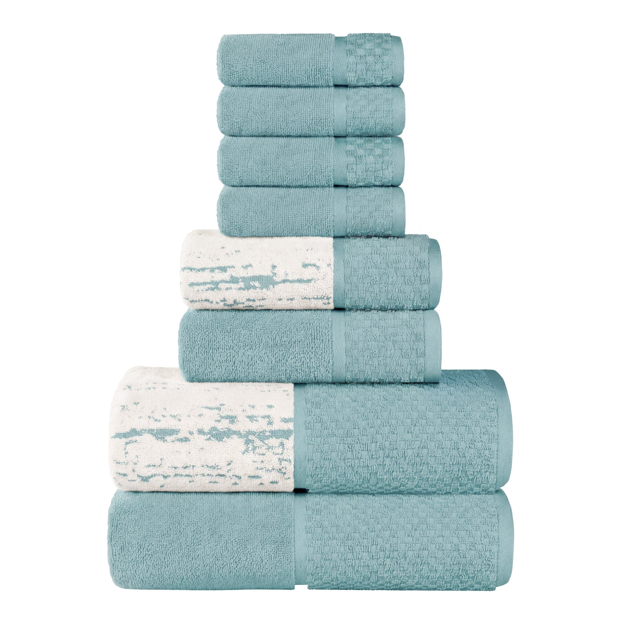 Superior Modern Cotton 8 Piece Bathroom Towel Set Mixed Pattern Solid, Cyan