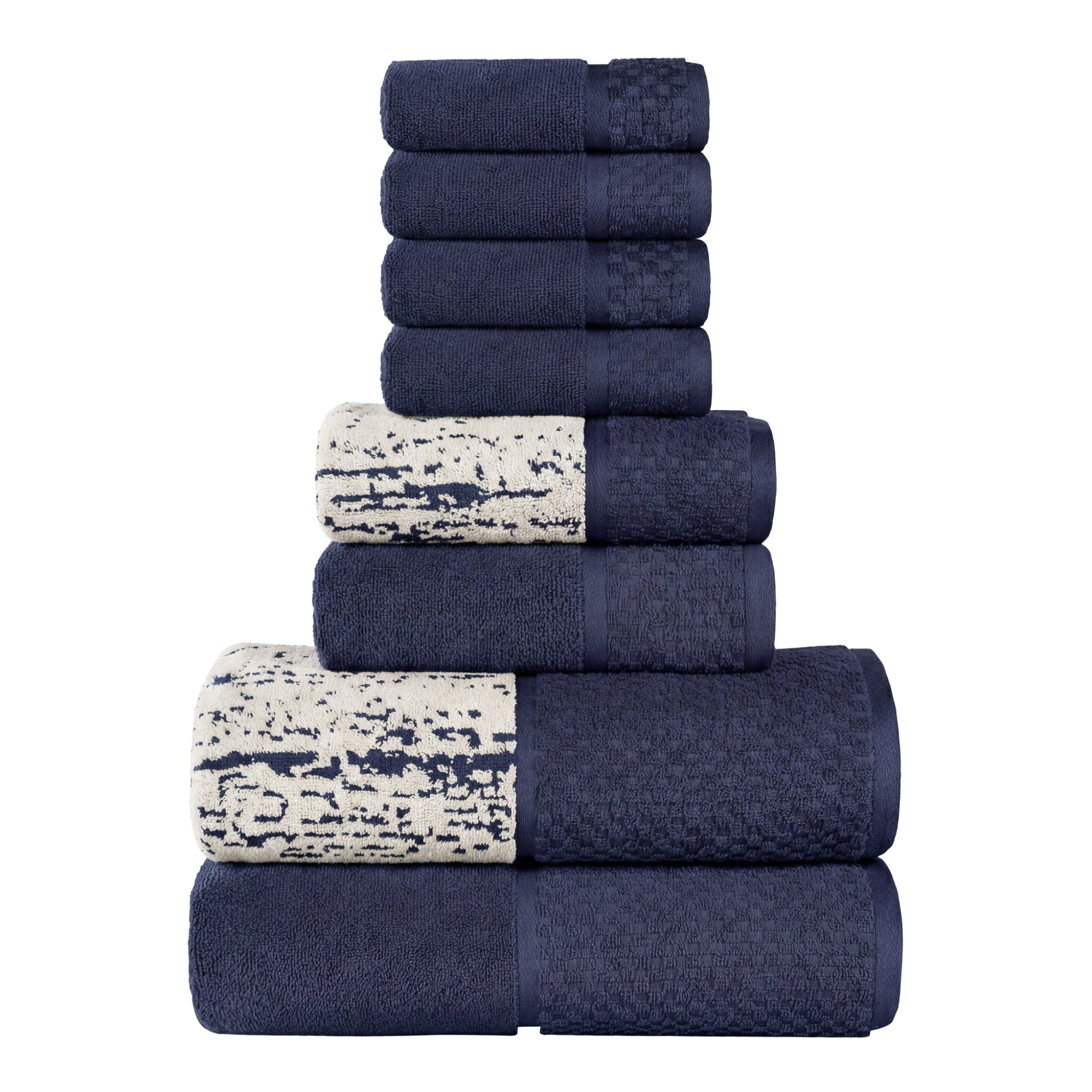 Superior Modern Cotton 8 Piece Bathroom Towel Set Mixed Pattern Solid, Navy Blue-Ivory