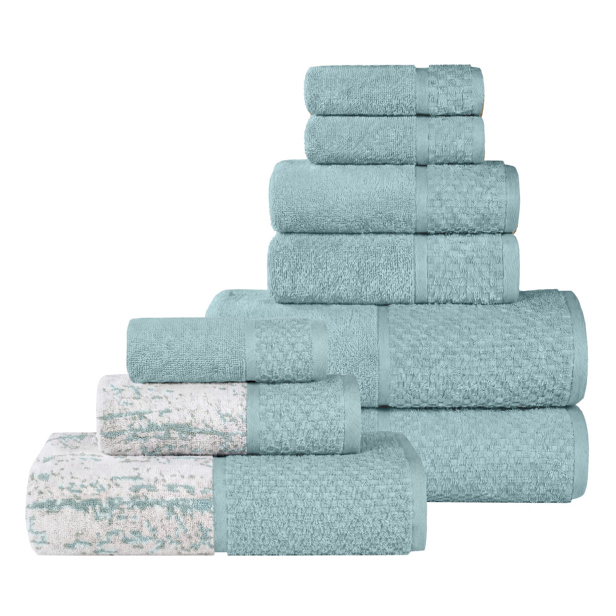 Superior Modern Cotton 9 Piece Bathroom Towel Set Mixed Pattern Solid, Cyan
