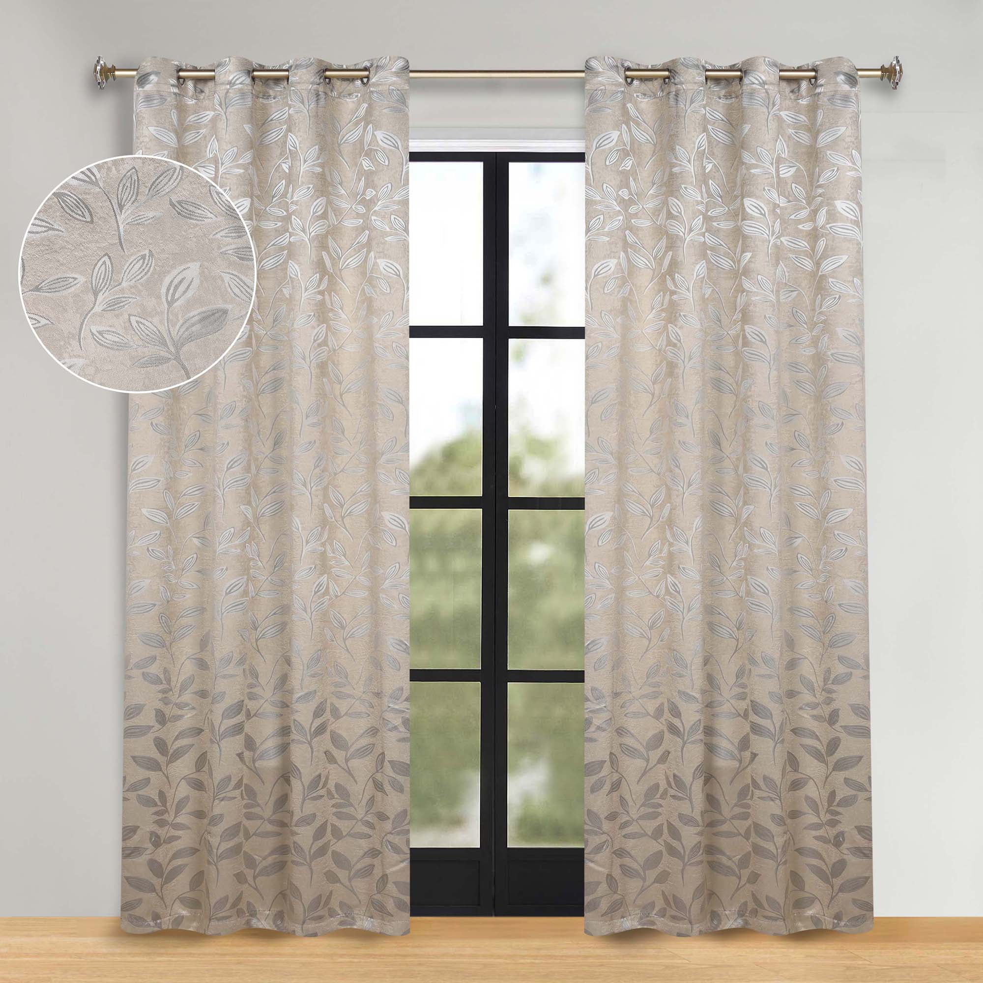 Ivory Linen Blackout Window Panel with Leaf Design, 52" x 84"