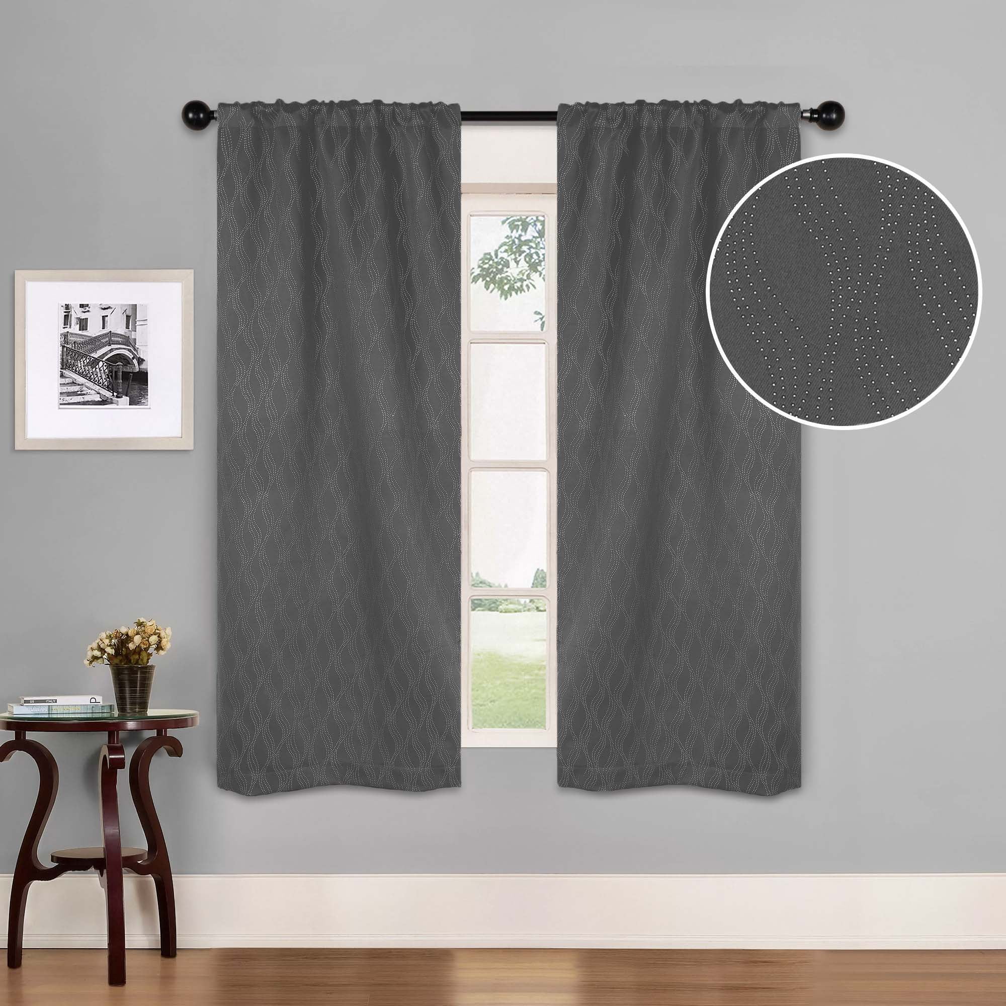 Superior Zuri Blackout Curtains, Rod Pocket, Set of 2, 26" X 63", Charcoal