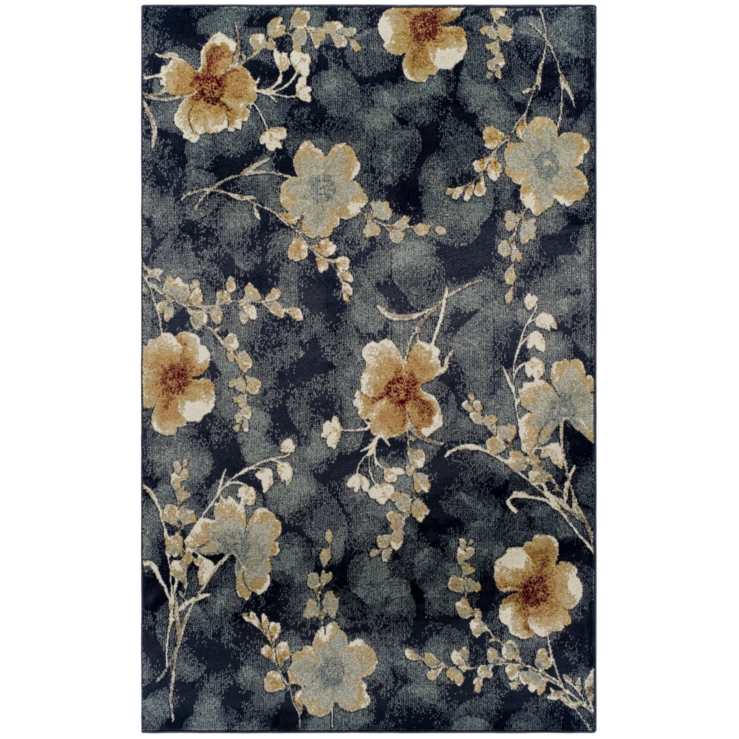 Navy Blue Floral Synthetic Medium Pile Area Rug