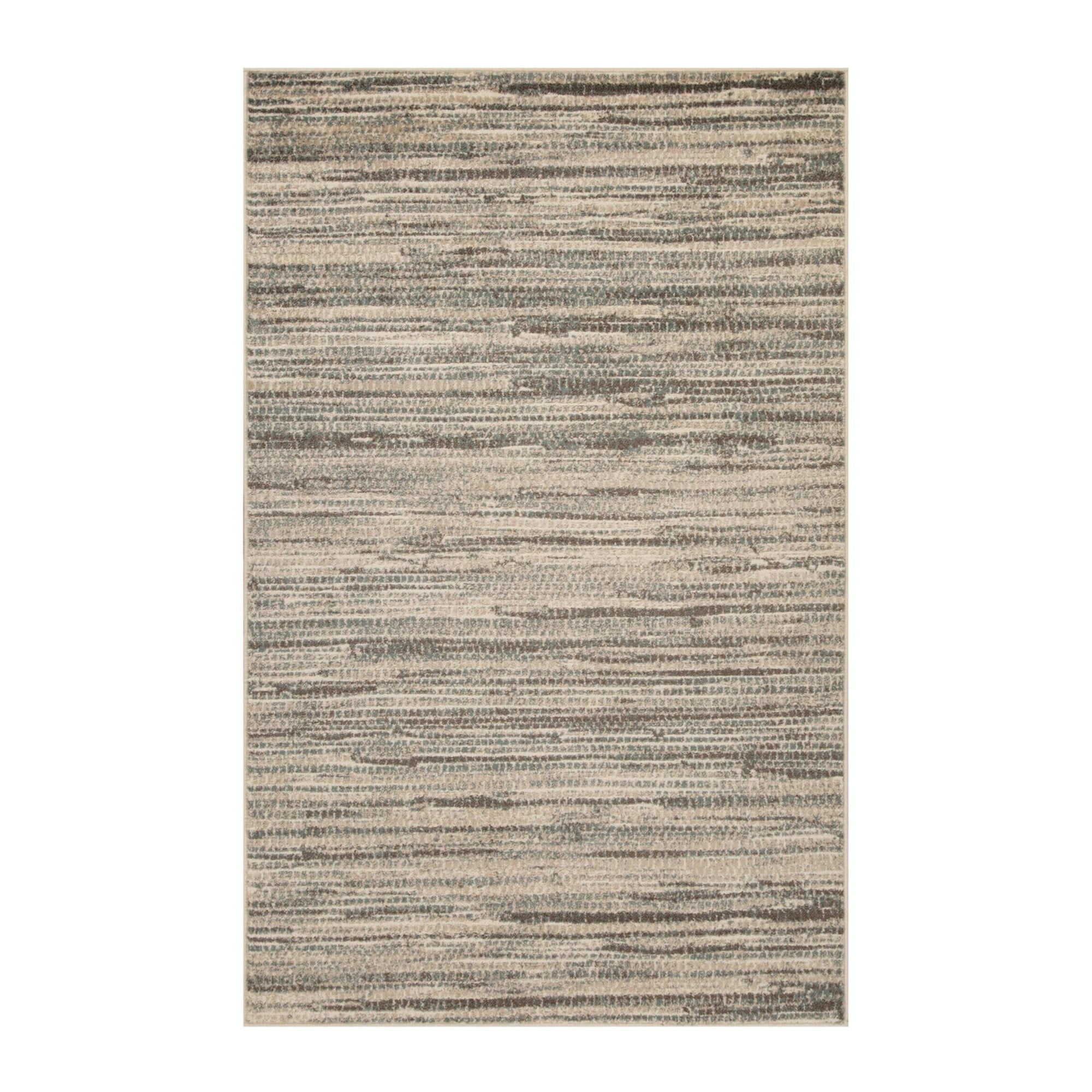 Green and Cream Striped Synthetic Area Rug