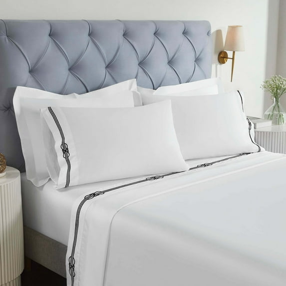 Superior Moonlawn Embroidered Cotton Bed Sheet Set, Queen, White/Black