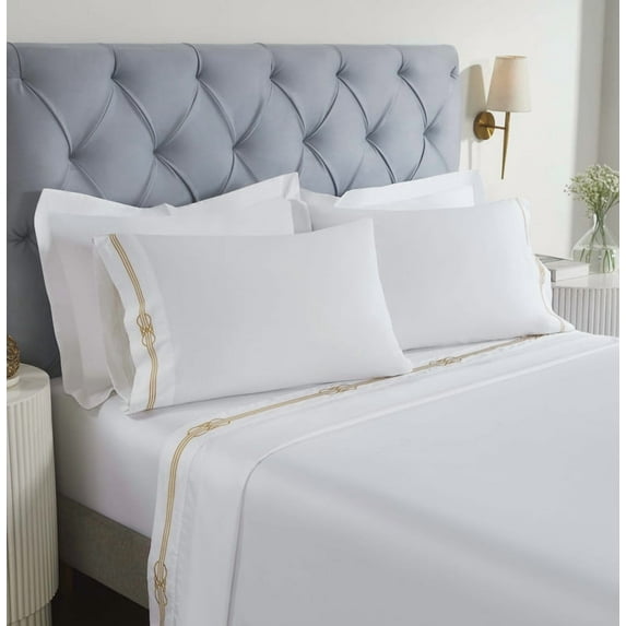 Superior Moonlawn Embroidered Cotton Bed Sheet Set, Twin XL, White/Gold