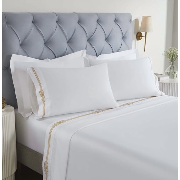 Superior Moonlawn Embroidered Cotton Bed Sheet Set, Twin XL, White/Gold