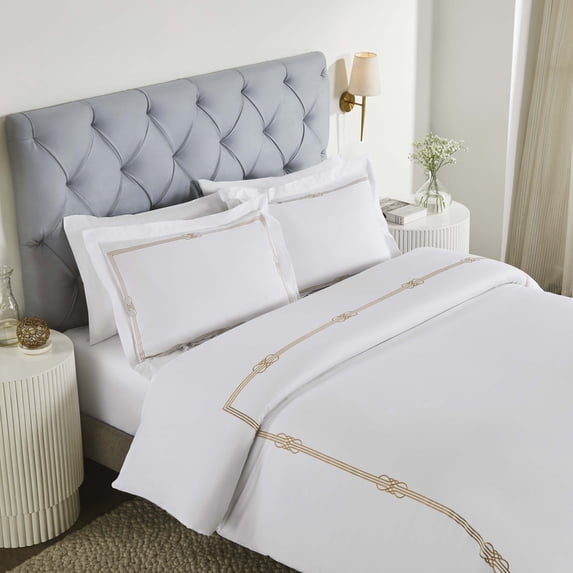 Superior Moonlawn Embroidered Cotton Duvet Cover Set, Full/Queen, White/Gold