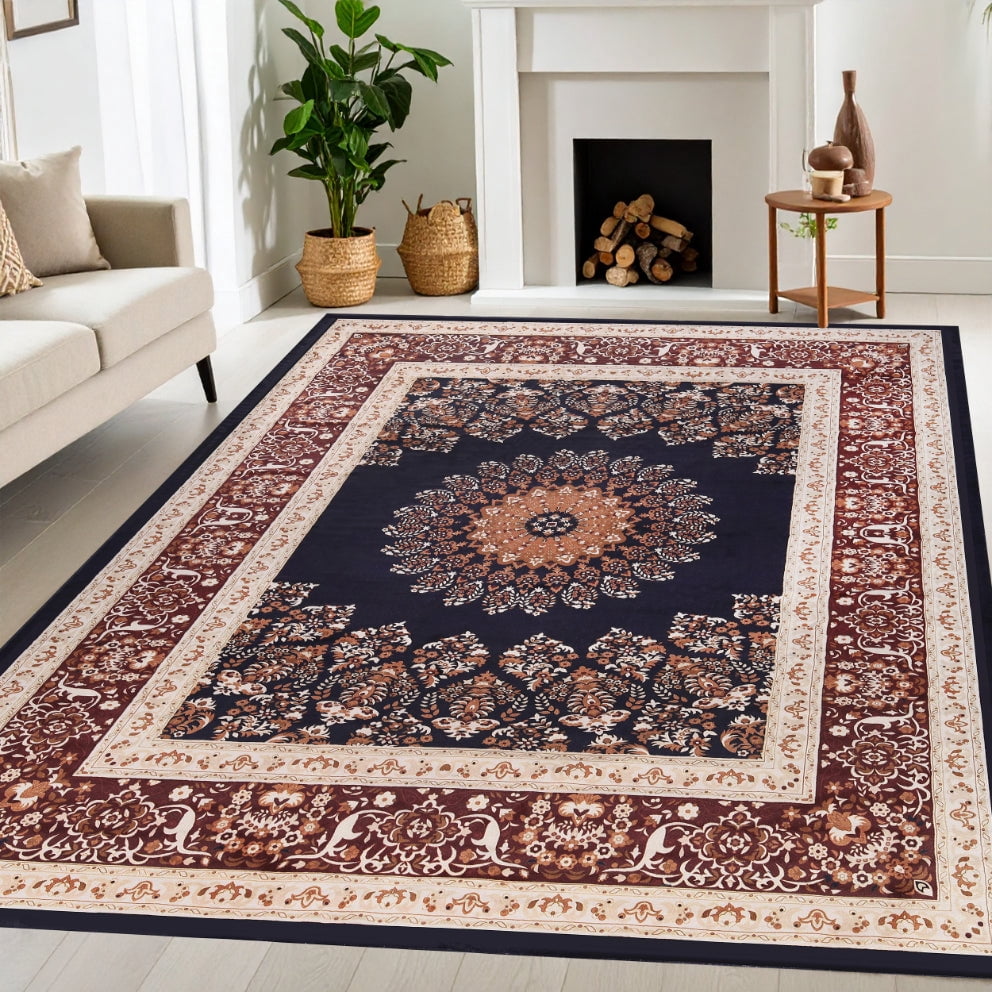 Superior Nanterre Floral Medallion Washable Indoor Area Rug, 10' x 14', Black - Ivory
