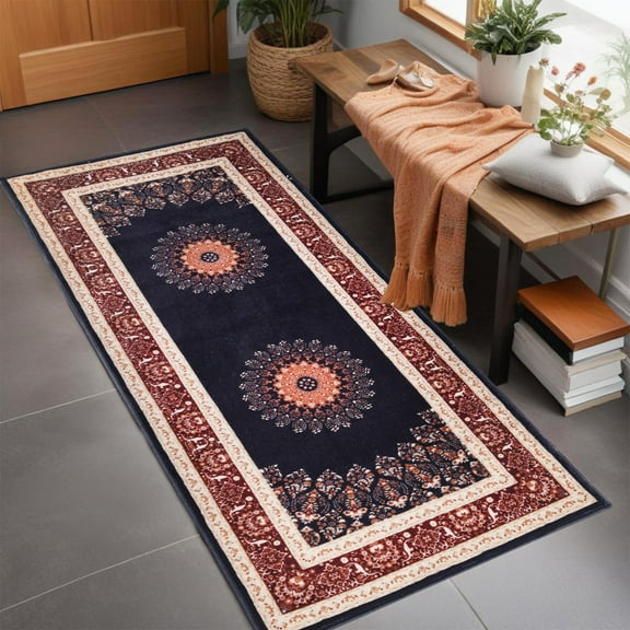 Superior Nanterre Floral Medallion Washable Indoor Runner Rug, 2' 7" x 6', Black - Ivory