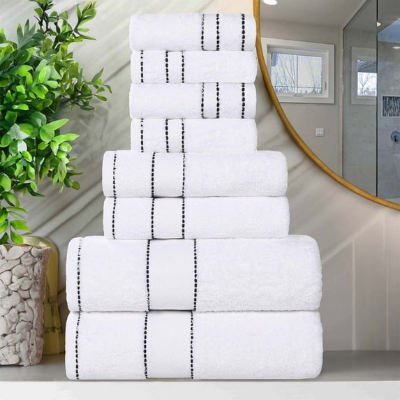 Superior Niles Egypt Produced Giza Cotton 8 Piece Towel Set, White-Black
