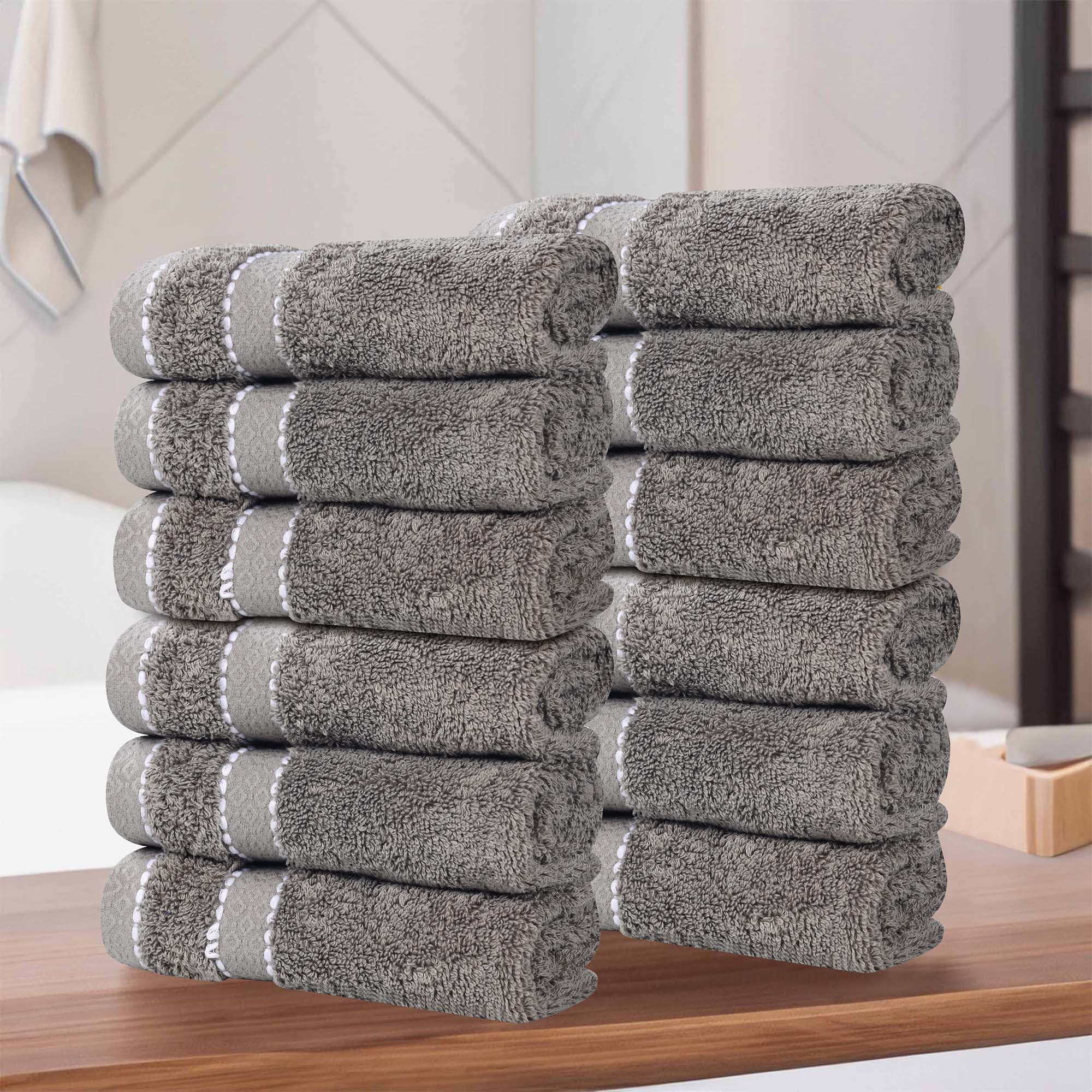 Superior Niles Giza Cotton 12 Piece Washcloth / Face Towel, Egypt Produced Soft Towels, Charcoal