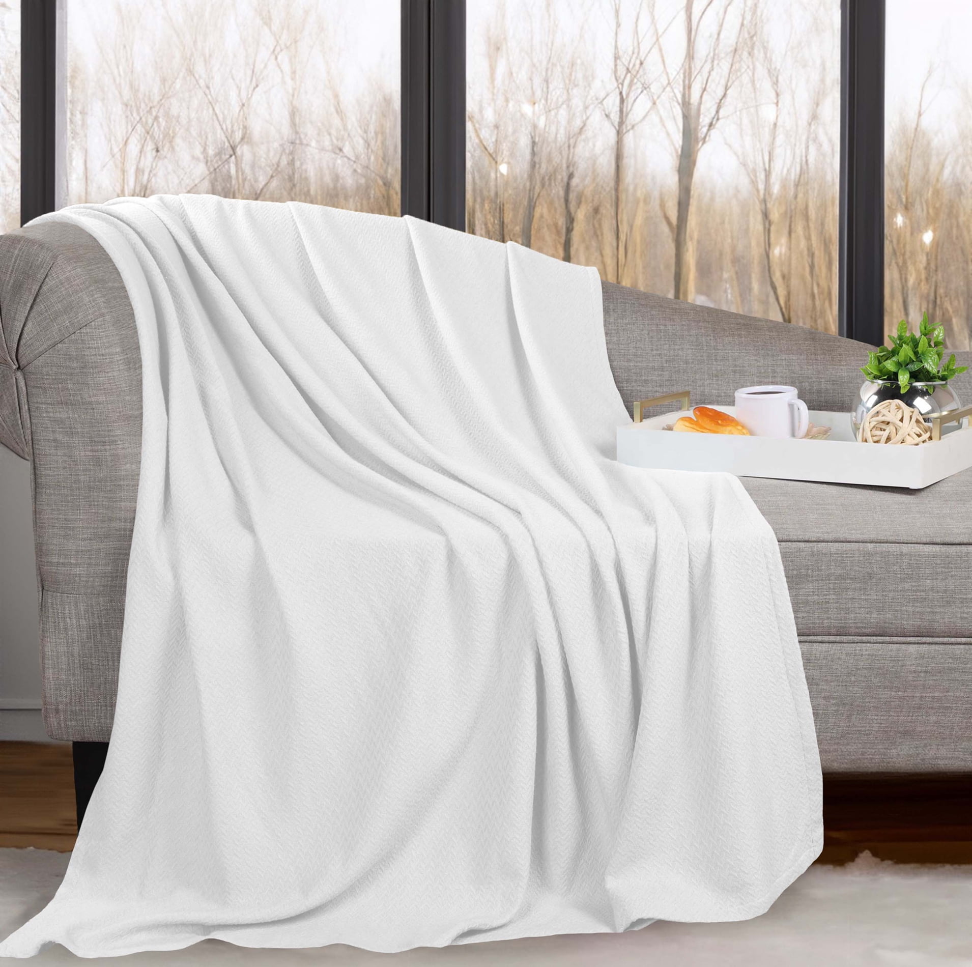 White Cotton Chevron Jacquard Weave 60" x 50" Throw Blanket