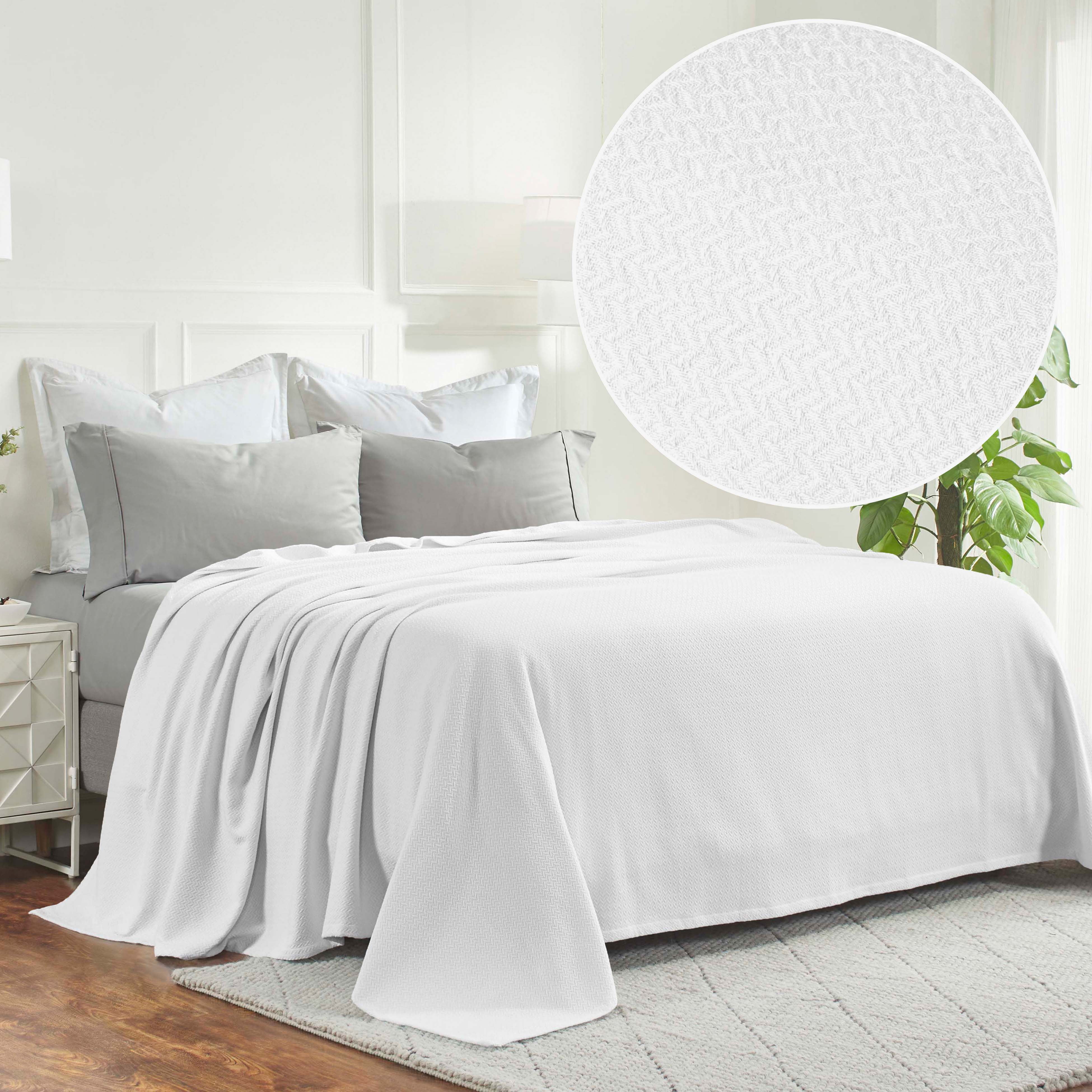 Twin White Cotton Chevron Textured Machine Washable Blanket