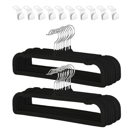 Superior Non-Slip Clothes Hangers - 20 Pack Velvet Slim Hangers with 360° Rotating Silver Hooks, Shoulder Notches & 10 Connector Hooks - Space-Saving Design for Suits