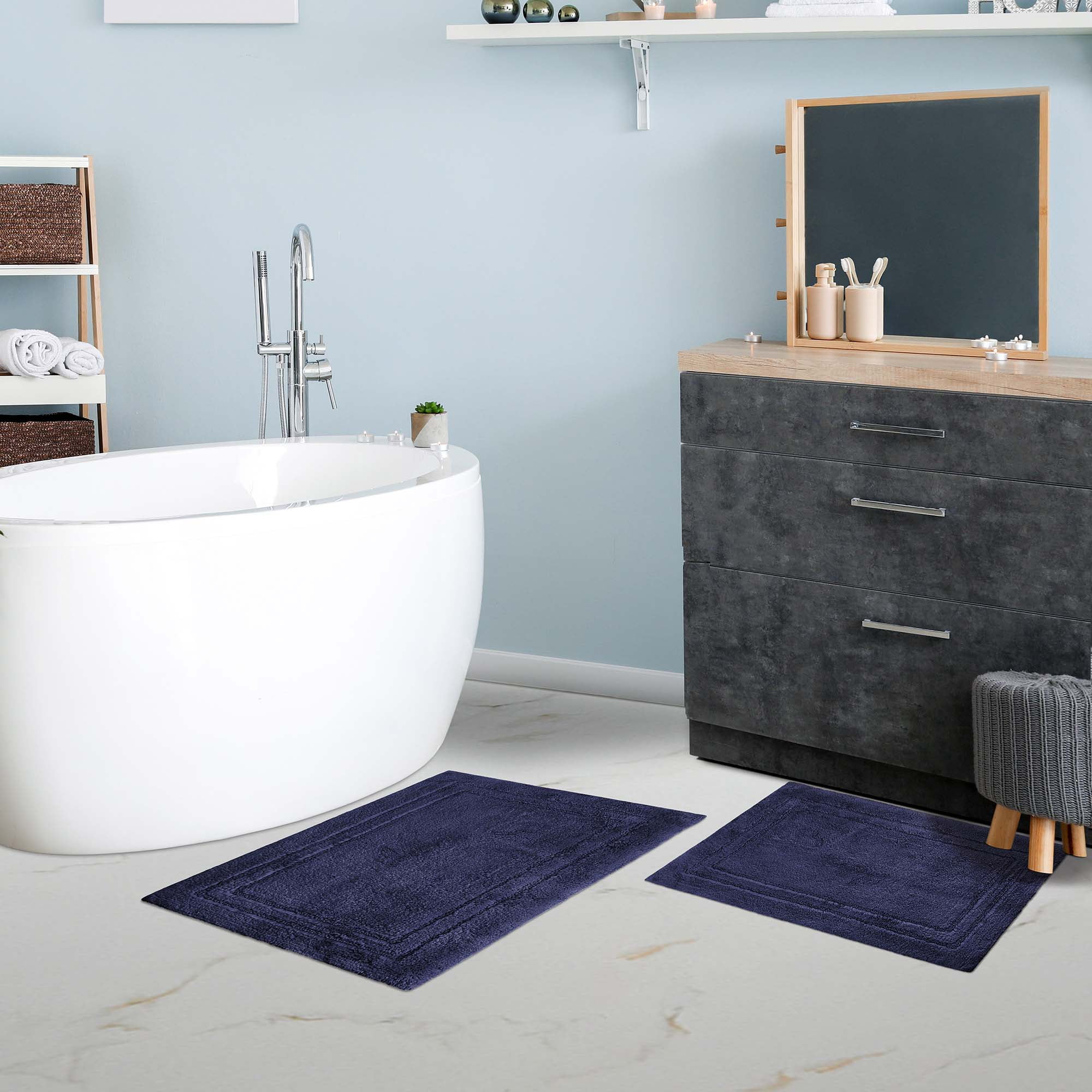 Superior Navy Blue Cotton Non-Slip Square Bath Rug Set